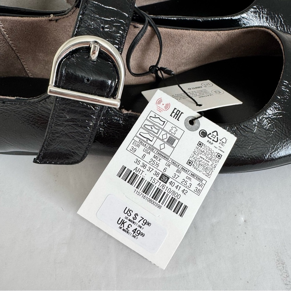 NWT ZARA LEATHER BUCKLE BALLET FLATS in BLACK size 39 /9 - Picture 16 of 16